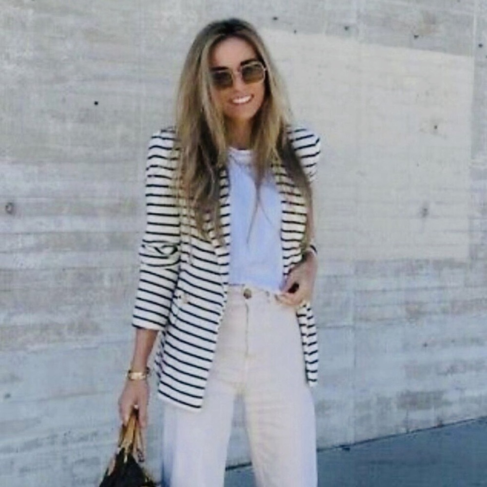JOIE Boyfriend Blazer Stripe One Button Oversized Suit Jacket Navy/White XS